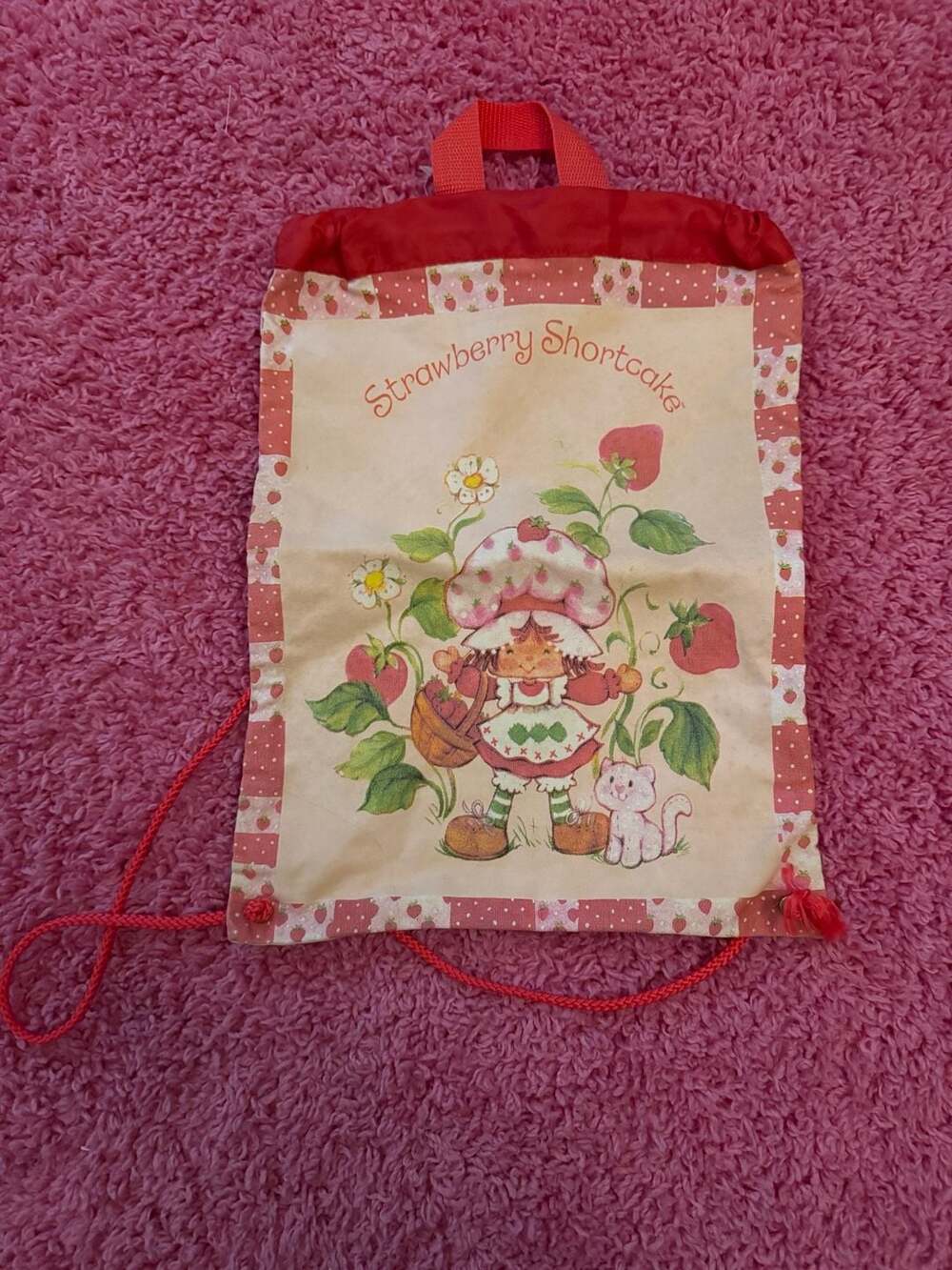 Vintage 1980s Strawberry Shortcake Drawstring Backpack Bag